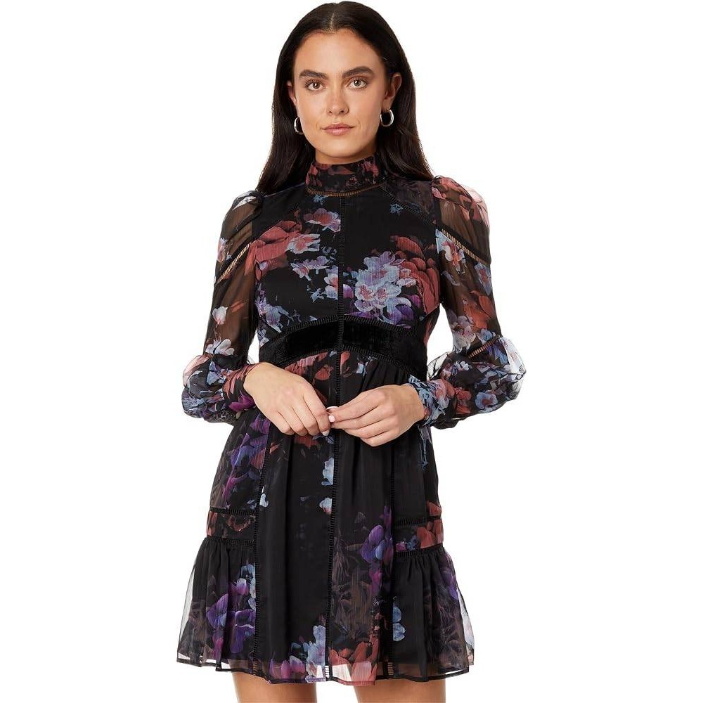 Ted Baker London Gretaah Dark Floral Mini Dress Black Velvet Trim Size 0